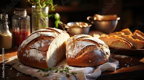 Fresh baked handmade bread in rustic kitchen.