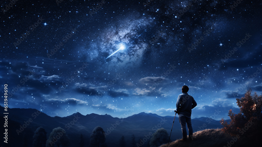 A man gazes at the night sky through an astronomy telescope, observing stars, planets, the Moon, and shooting stars A man gazes at the night sky through an astronomy telescope, observing stars, planets, the Moon, and shooting stars