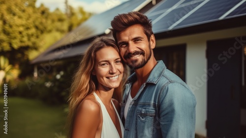 Happy couple stands smiling on front of a large house with solar panels installed.