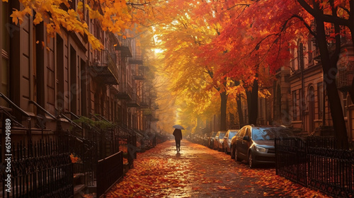 A picturesque autumn street scene in the heart of the city neighborhood.