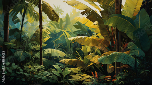 painting of banana leaves and trees in the forest