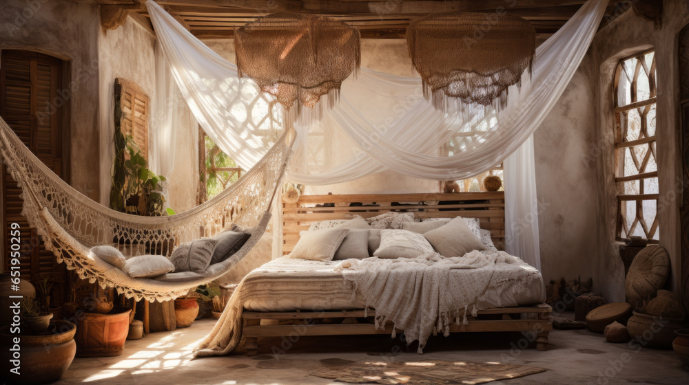 A Bohemian bedroom with canopy netting, macrame wall hangings, a hammock chair, and a collection of global textiles A Bohemian bedroom with canopy netting, macrame wall hangings, a hammock chair, and a collection of global textiles