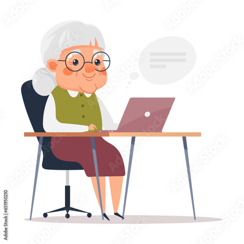 Cute eldery woman working on laptop, communicating online. Old people use computer technology. Cartoon vector illustration