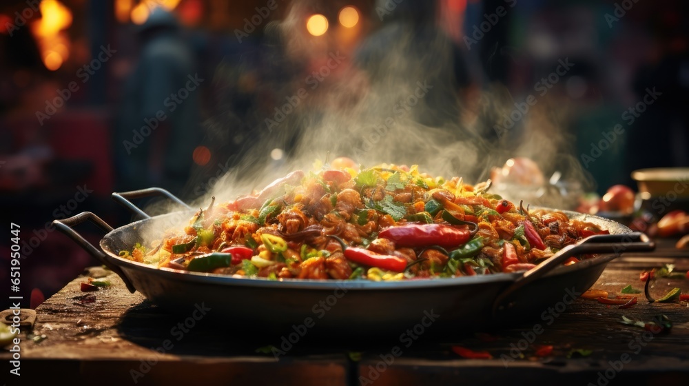A street food dish steaming amid the bustling market scene.