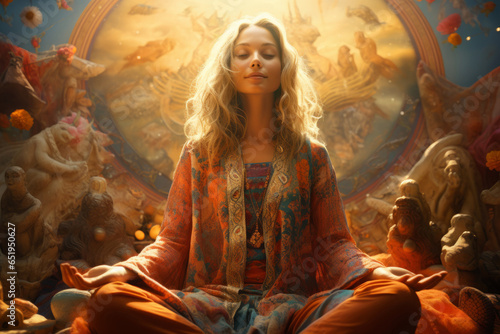 Stampa su tela Woman in meditation, having a mystical emotion, practicing yoga in lotus posture
