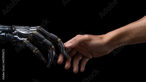 Human and robotic hands touching fingertips in a monochromatic palette with a touch of silver, emphasizing the merging of humanity and technology.