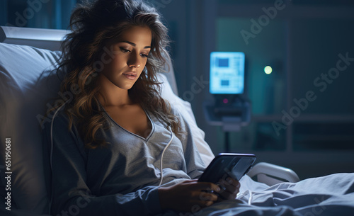 woman happy patient resting in bed at hospital private room with illness disease unhealthy body,woman lying in bed on the bed of hospital using mobile.
