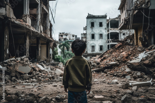 a kid standing in front of collapse buildings area, natural disaster or war victim