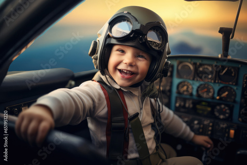 Happy kid dressed as an airplane pilot in the cockpit of an airplane © Kien