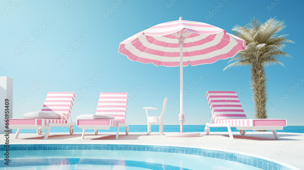 Fototapeta premium A bright blue pool is surrounded by white lounge chairs, with a pink and white striped umbrella at the center 