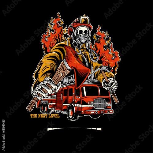skeleton of firefighter holding the axe with fire behind