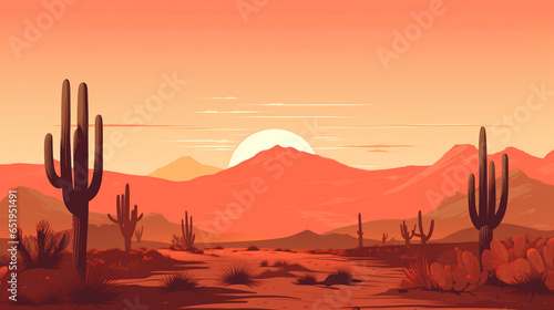 A panoramic illustration of a dusk in a barren desert area where only cactus trees grow. The light of the sunset makes the sky golden yellow.