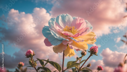 Beautiful colorful flowers with pastel sky and clouds background, Idyllic Meadow. ai generative