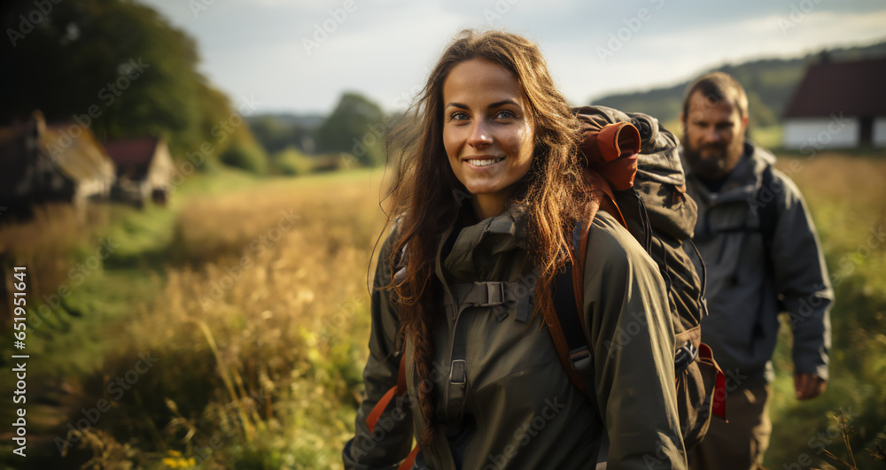Smiling beautiful woman wear trekking clothes enjoy adventure, travelling with friends, hiking on mountains nature with backpack in autumn vacation, trip on weekend
