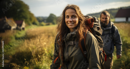 Smiling beautiful woman wear trekking clothes enjoy adventure, travelling with friends, hiking on mountains nature with backpack in autumn vacation, trip on weekend 