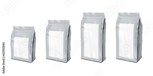 Flexible plastic bag package with white empty label vector mock-up set. Blank side gusset pouch packaging mockup kit