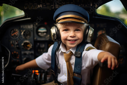 Happy kid dressed as an airplane pilot in the cockpit of an airplane © Kien
