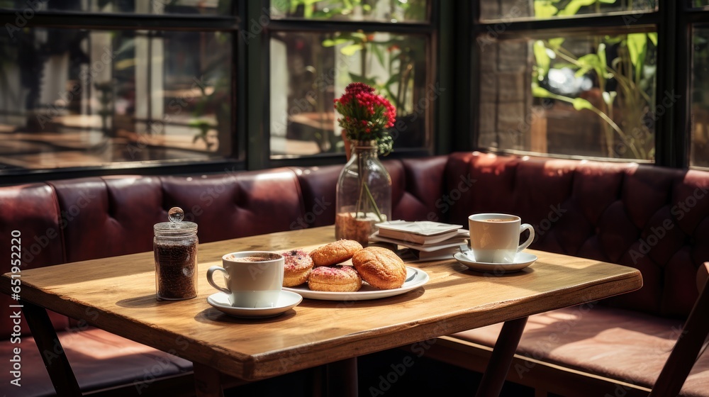 Fototapeta premium A cozy cafe with wooden tables, a chalkboard menu, and fresh pastries embodies the spirit of relaxed chats and fragrant coffee.