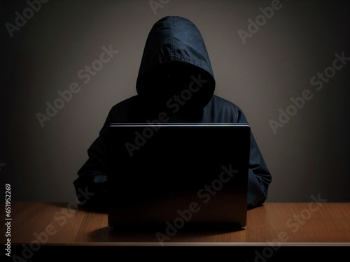 Hacker with laptop computer stealing confidential data, personal information and credit card detail. Concept of hacking cybersecurity, cybercrime, cyberattack