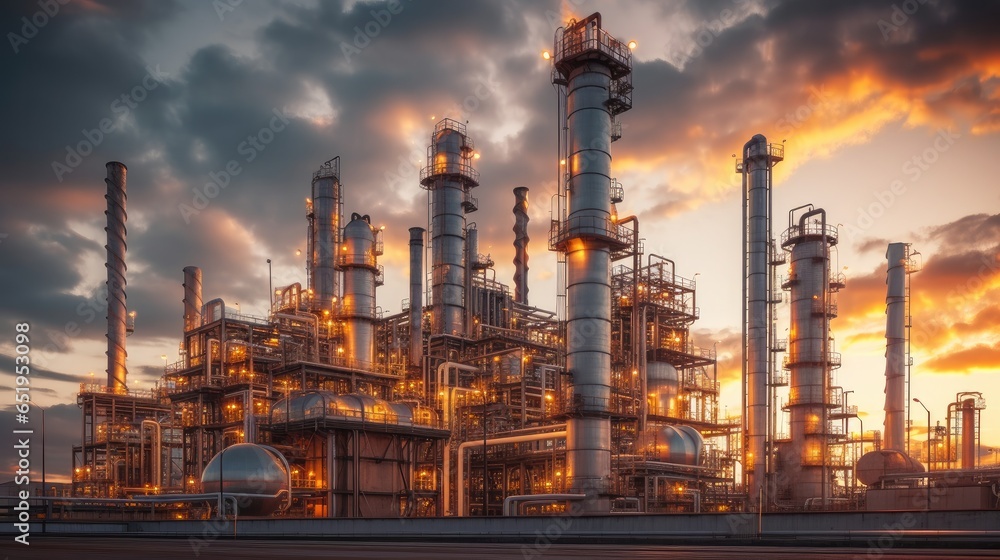 Fototapeta premium Petrochemical Plant Illuminated at Dusk.