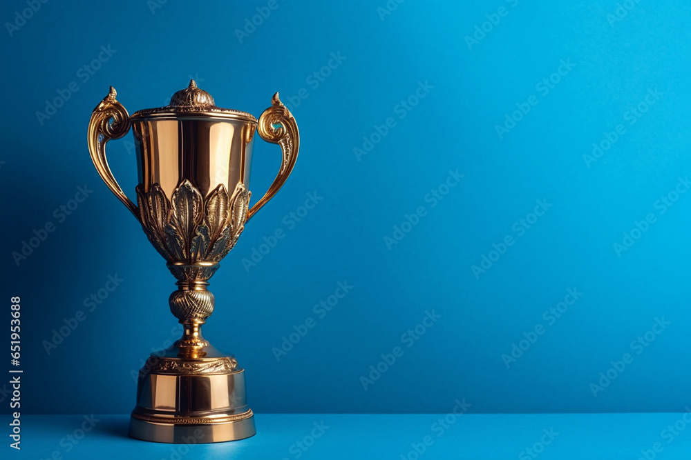 Gold winner cup on blue background. Golden champion cup, trophy for the winner, award, victory, first place of competition, winning and success concept. Copy space. Ai generated - obrazy, fototapety, plakaty 