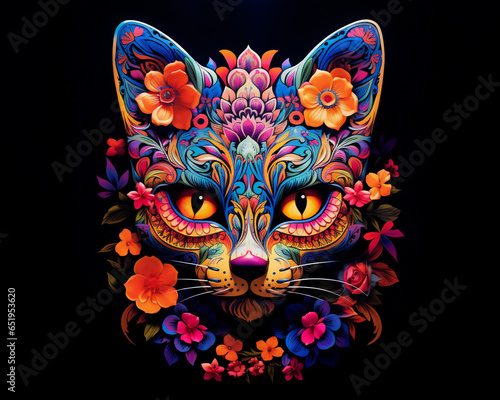 Cat with sugar skull painted face for Day of the Dead, Dia de los Muertos festive background, Generative AI