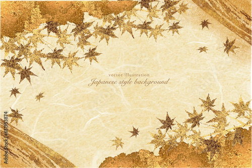 筆で描いた金の流れるかわと楓の和風背景