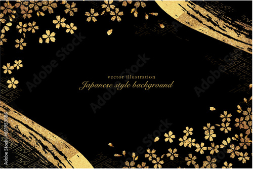 流れる筆のラインと金箔の桜をあしらった背景