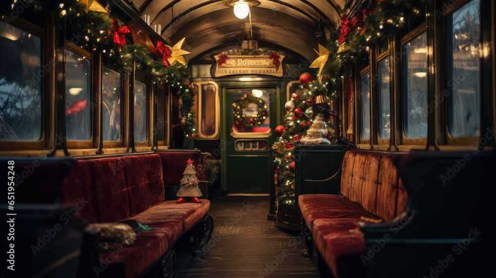 Christmas concept view from inside an old train carrage with Christmas tree and decorations.