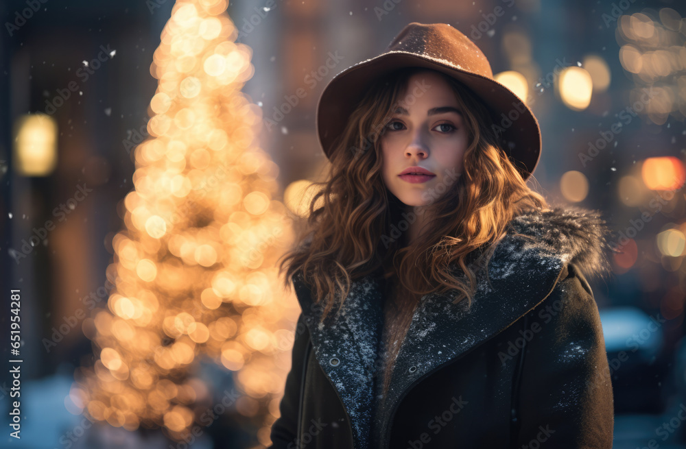 Woman next to the Christmas tree under a snowfall Woman next to the Christmas tree under a snowfall