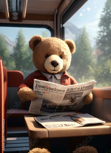 Cute teddy bear reading newspaper in the bus