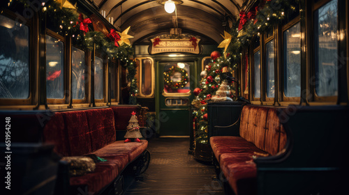 Christmas concept view from inside an old train carrage with Christmas tree and decorations.