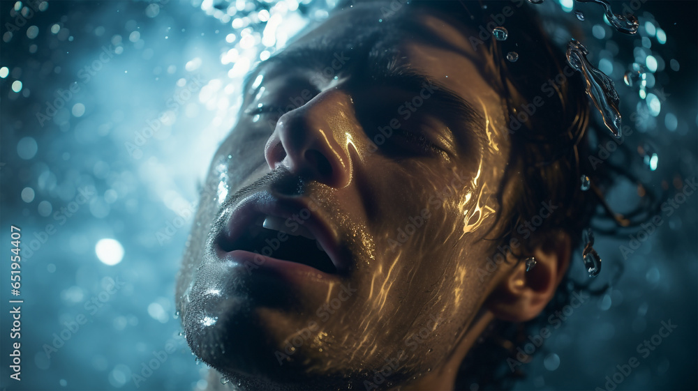 A man feeling the thrill of being in the water, feeling energized. Refreshment, excitement. Men’s grooming. Mens cosmetics photo, beauty industry advertising photo.