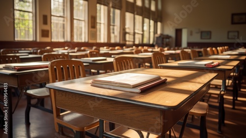 A row of vacant desks with a lone open book bathed in sunlight.