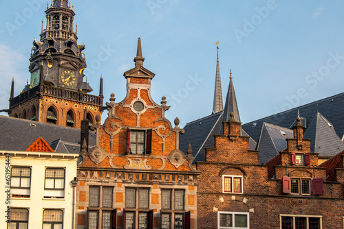 Nijmegen, the Netherlands. June 18th 2023. The buildings of the old city centre on a market square at sunrise.
