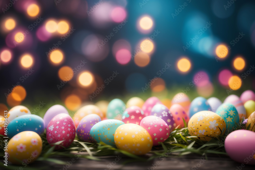 Colorful Easter eggs on a wooden table with bokeh background Colorful Easter eggs on a wooden table with bokeh background