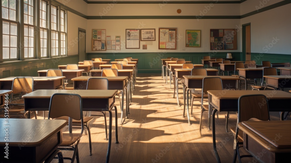 An empty classroom filled with sunlight, where rows of desks and chairs cast long shadows.