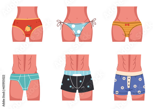 Woman man underwear underpants swim pants isolated set. Vector graphic design illustration