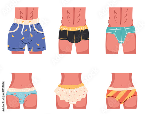 Woman man underwear underpants swim pants isolated set. Vector graphic design illustration