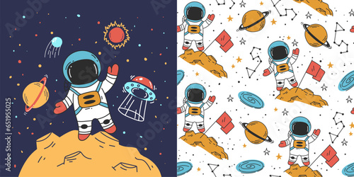Space rocket star ship planet universe astronaut galaxy seamless pattern concept. Vector graphic design illustration
