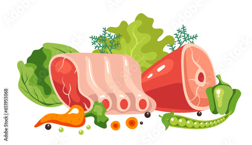 Raw meat lamb beef ham bbq steak with vegetables concept. Vector graphic design illustration