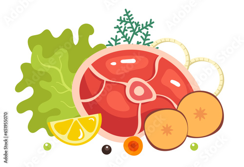 Raw meat lamb beef ham bbq steak with vegetables concept. Vector graphic design illustration
