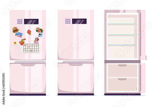 Empty full of food open close fridge refrigerator isolated set. Vector graphic design illustration