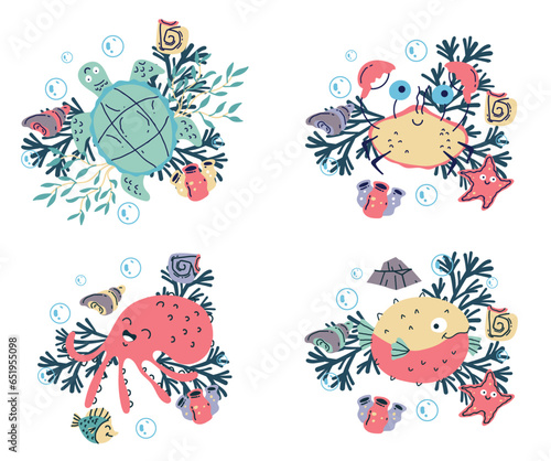 Sea ocean cute animal life underwater isolated set. Vector graphic design illustration