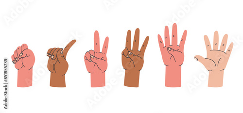 Hand arm finger count three two one number isolated set. Vector graphic design illustration
