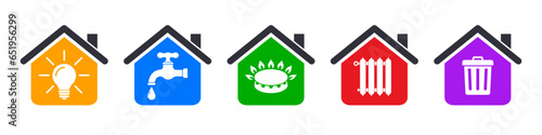 Utilities icons in flat style in house form: water, gas, lighting, heating, waste. Set utility payments signs – stock vector