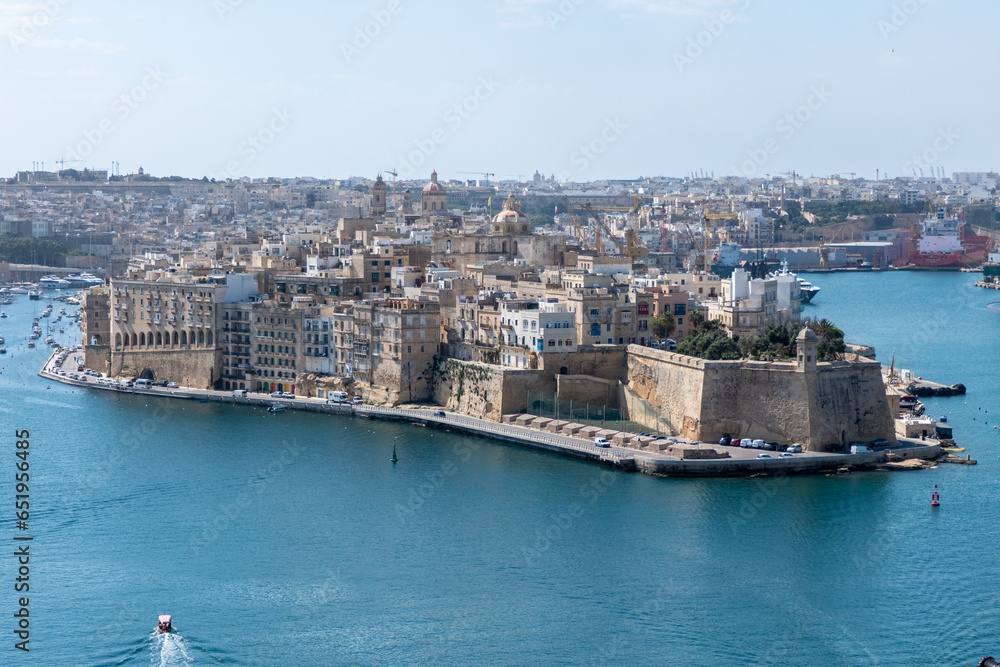 Valletta, Malta, May 1, 2023, The Three Cities seen from the Upper Barakka public gardens