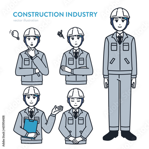 建設業種の男性会社員／作業員 さまざまなポーズセットベクターイラスト素材
