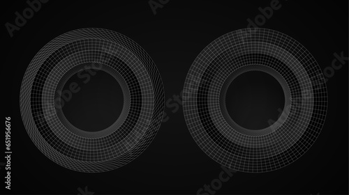 Retro futuristic geometric circle in form of perspective grid. Scientific technological wireframe with lines.