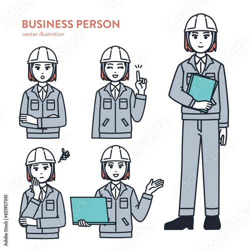 建設業種の中堅女性会社員／作業員 さまざまなポーズセットベクターイラスト素材